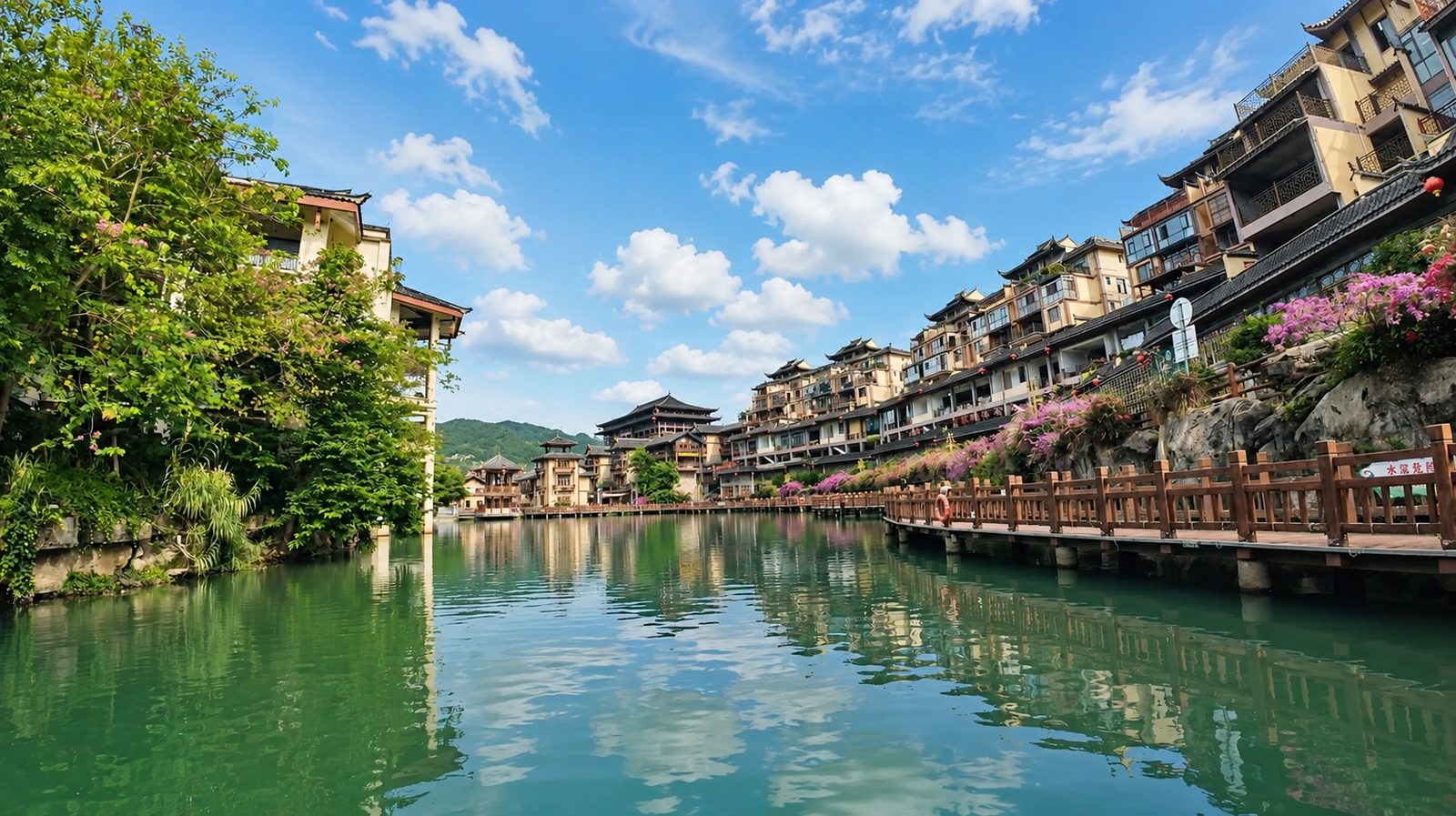 滴水苗城水岸与蓝天倒影